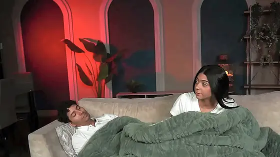 His brunette stepsister teases him while he watches TV, and he ends up fucking her hard